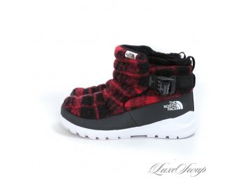 WINTER READY : NEAR MINT 1X WORN THE NORTH FACE RED/BLACK TARTAN TWEED FAUX SHEARLING LINED BOOTS WOMENS 8