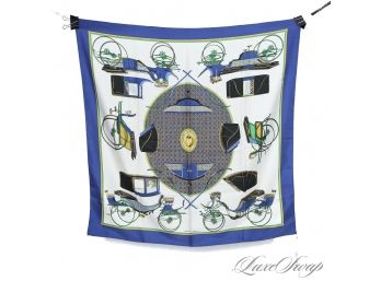 #9 AUTHENTIC HERMES PARIS MADE IN FRANCE 100 SILK 35' SCARF - 'LES VOITURES A TRANSFORMATION' BLUE CARRAIGES