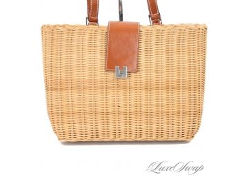 NEAR MINT NANTUCKET READY LAMBERTSON TRUEX MADE IN ITALY LARGE 14' RIGID WICKER STRAW TOTE WITH BROWN LEATHER