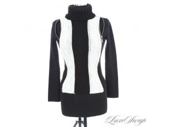 VERY COOL SHARAGANO MADE IN FRANCE BLACK AND WHITE CABLEKNIT TURTLENECK SWEATER WITH ZIPPER DETAIL M