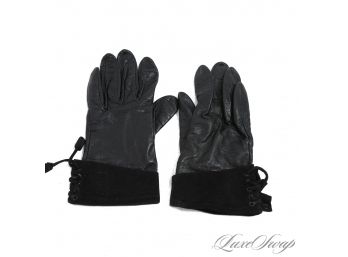 VIXENS WHERE YA AT? BONWIT TELLER BLACK NAPPA LEATHER GLOVES WITH SUEDE PIRATE LACED FOLDOVER