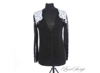 EXPENSIVE ANNE FONTAINE PARIS BLACK STRETCH WOOL CARDIGAN SWEATER WITH WHITE FLORAL SHOULDER DETAIL 42