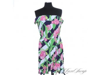 NEAR MINT LILLY PULITZER NAVY PINK GREEN ALLOVER TROPICAL FLORAL PRINT STRAPLESS ELASTIC TOP STRETCH DRESS XL