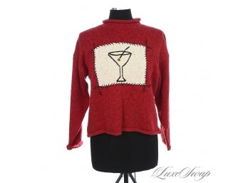 VINTAGE 1990S SUSS DESIGN MADE IN USA NEAR MINT RED CHENILLE MARTINI GLASS PRINT SWEATER