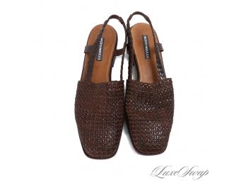NEAR MINT IN BOX 1X WORN SESTO MEUCCI FLORENCE BROWN WICKER WEAVE LEATHER SLINGBACK MULES 9.5