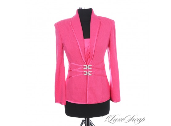 SHOWSTOPPER! ST JOHN MADE IN USA BUBBLEGUM PINK KNIT JACKET WITH SATIN TRIMS AND DIAMOND CRYSTAL CLASP 2