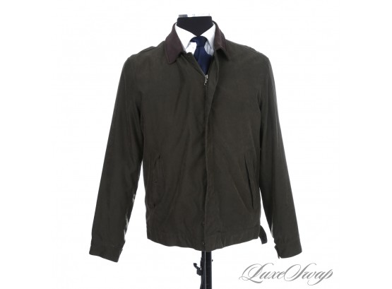 FALL PERFECT! MENS NAUTICA DARK FOREST GREEN UNLINED TWILL JACKET WITH BROWN LEATHER COLLAR M