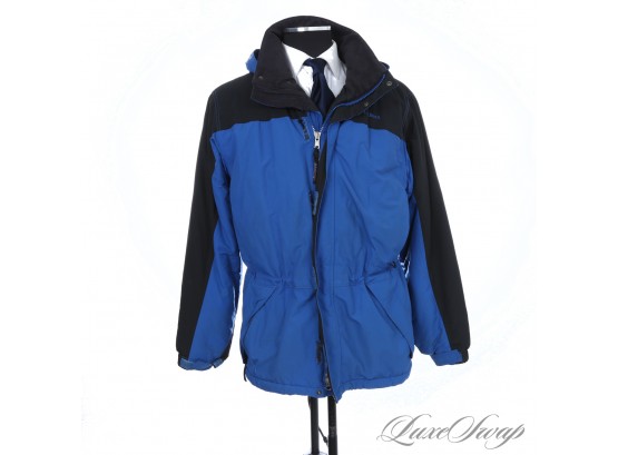 OCTOBERS BEST : MENS LL BEAN BLACK AND ROYAL BLUE PADDED COLORBLOCK HOODED PARKA COAT M