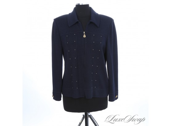 NEAR MINT ST. JOHN COLLECTION MADE IN USA NAVY BLUE STRETCH KNIT ZIP JACKET WITH GOLD STUDS
