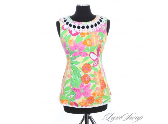 #3 LILLY PULITZER TROPICAL FLORAL MULTICOLOR SIGNATURE TOP WITH WHITE LACE CUTOUT NECKLINE 6