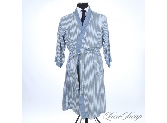 EXCEPTIONAL VINTAGE MENS CHRISTIAN DIOR PARIS DENIM CHAMBRAY BLUE AND WHITE STRIPE BELTED ROBE