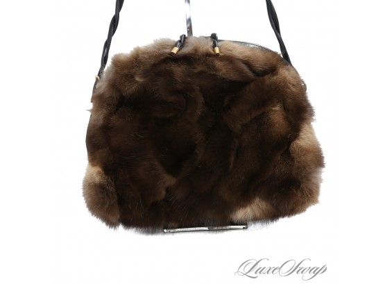 THIS IS A COOL! VINTAGE BLACK LEATHER SOFT LARGE 14' BAG WITH GENUINE FUR (POSSIBLY SABLE?) FRONT PANEL