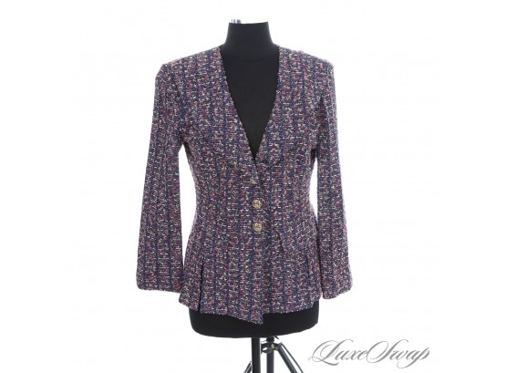 RECENT AND EXCEPTIONAL ST JOHN NAVY BLUE PINK CONFETTI FANTASY TWEED PORTRAIT COLLAR JACKET MADE IN USA 10