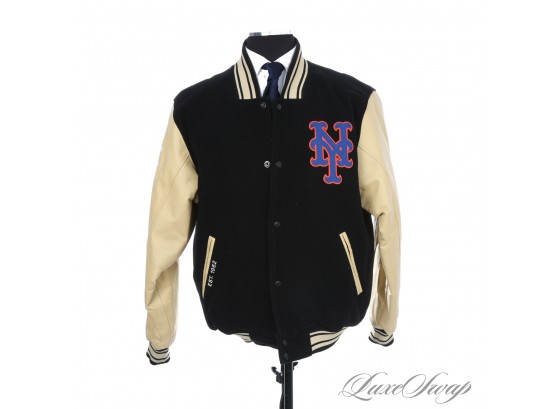 NEAR MINT MENS MAJESTIC AUTHENTIC COLLECTION NEW YORK METS GENUINE LEATHER SLEEVE BASEBALL VARSITY COAT M