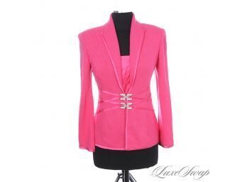 SHOWSTOPPER! ST JOHN MADE IN USA BUBBLEGUM PINK KNIT JACKET WITH SATIN TRIMS AND DIAMOND CRYSTAL CLASP 2