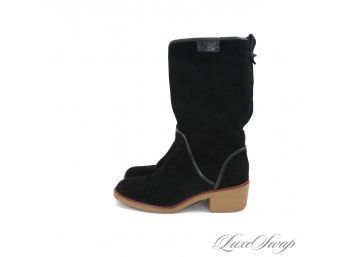 NEAR MINT AND EXCEPTIONAL COACH SUPERDARK BLACK SUEDE CREPE SOLE MID-CALF BOOTS WITH TURNLOCK DETAIL 9.5