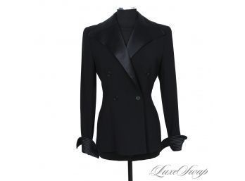 $1000 EMPORIO ARMANI MADE IN ITALY BLACK CREPE JACKET W/SATIN TRAPUNTO QUILTED COLLAR AND CUFFS 44