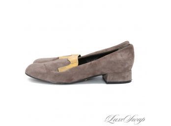 THE STAR OF THE SHOW! FALL MUST $700 GUCCI MADE IN ITALY MUSHROOM BROWN SUEDE GOLD TIPPED LOAFERS 37.5 / 7.5