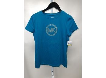 BRAND NEW WITH TAGS WOMENS TEAL PEACOCK MICHAEL KORS CRYSTALIZED CIRCLE MONOGRAM LOGO TEE SHIRT SIZE M