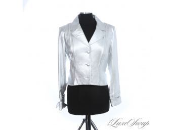 THIS IS GORGEOUS! NEAR MINT IDENTITY SILVER METALLIC LAME LEATHER MODERN MOTORCYCLE JACKET