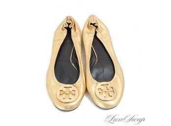 METALLIC FOR FALL? YES! SIGNATURE TORY BURCH GOLD METALLIC LAME LEATHER BALLET FLAT SHOES W/MONOGRAM COIN 9