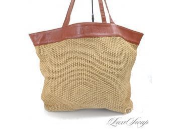 LARGE SIZE AUTHENTIC BOTTEGA VENETA MADE IN ITALY 19' STRAW WICKER TOTE BAG W/LEATHER TRIM