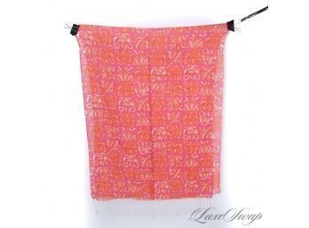 #4 NEAR MINT LILLY PULITZER PURE SILK AND CASHMERE PINK ORANGE ALLOVER FLORAL TAPESTRY PRINT SHAWL WRAP SCARF