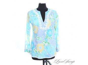 #7 LILLY PULITZER TROPICAL FLORAL BLUE PURPLE YELLOW TUNIC LONGSLEEVE TOP WITH WHITE LACE CUTOUT NECKLINE XS
