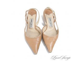 WITH ORIGINAL BOX $450 JIMMY CHOO MADE IN ITALY 'KENYA' CAMEL LEATHER KITTEN HEEL SLINGBACK SHOES 37.5