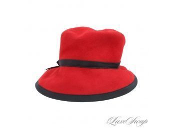BRAND NEW WITH TAGS AND EXCEPTIONAL ERIC JAVITZ RUBY RED FUR FELT FLANNEL AND BLACK TRIM WOMENS HAT