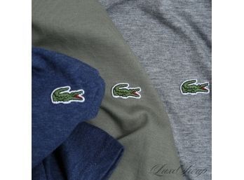 LUXURY ESSENTIALS : LOT OF 3 MENS NEAR MINT AND RECENT LACOSTE ALLIGATOR LOGO TEE SHIRTS - NAVY GREEN GREY XL