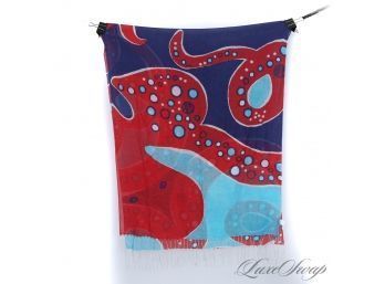 #5 NEAR MINT LILLY PULITZER PURE SILK AND CASHMERE RED BLUE AND AQUA MAXI WAVE BUBBLE PRINT SHAWL WRAP SCARF