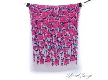 #6 NEAR MINT VINEYARD VINES X KENTUCKY DERBY WOOL AND SILK WHITE BLUE AND PINK ROSES PRINT SHAWL WRAP SCARF