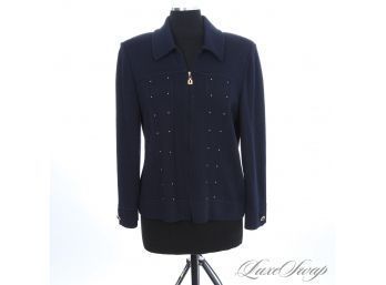 NEAR MINT ST. JOHN COLLECTION MADE IN USA NAVY BLUE STRETCH KNIT ZIP JACKET WITH GOLD STUDS
