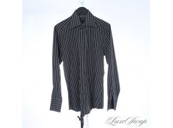 THE ONE EVERYONE WANTS! MENS GUCCI TOM FORD ERA BLACK BUTTON DOWN SHIIRT WITH DOUBLE STRIPE 15.5