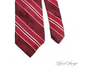 THIS COLOR IS SO LUSCIOUS! $125 VALENTINO MADE IN ITALY DEEP RED AND PINK SATIN MULTI STRIPE MENS SILK TIE