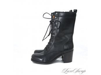 NEAR MINT FRYE MADE IN MEXICO BLACK CALF LEATHER SIDE ZIP EASY ON/OFF LACED BOOTS 7