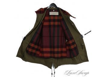THE STAR OF THE SHOW BURBERRY BRIT OLIVE GREEN HOODED PARKA COAT WITH DETACHABLE TWEED LINING L