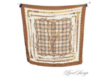 VINTAGE JAEGER CREAM AND BROWN TARTAN AND EQUESTRIAN BELTS AND CHAINS 1990S PRINT FOULARD SILK SCARF