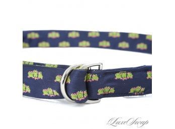 LOVE LOVE LOVE THIS! LILLY PULITZER PURE SILK NAVY WOVEN RIBBON BELT WITH FROG TRIPLETS XXL