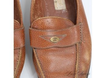 AUTUMNALLY PERFECT MENS GUCCI MADE IN ITALY WHISKEY TAN GRAINED LEATHER GG 'PENNY' LOAFERS 42.5