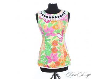 #3 LILLY PULITZER TROPICAL FLORAL MULTICOLOR SIGNATURE TOP WITH WHITE LACE CUTOUT NECKLINE 6