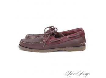 BRAND NEW WITHOUT BOX MENS $95 SPERRY TOP SIDER CHOCOLATE BROWN AND CHILI TRIM FULL LEATHER BOAT SHOES 8.5