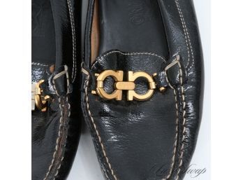 SALVATORE FERRAGAMO MADE IN ITALY BLACK PATENT LEATHER GOLD GANCINI BUCKLE FLAT LOAFERS WOMENS 7