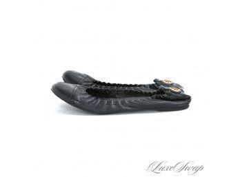 MOST SOUGHT AFTER TORY BURCH BLACK NAPPA LEATHER BLACK PATENT CAPTOE BALLET FLAT SHOES 10
