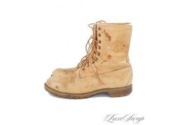 THE GOOD STUFF! VINTAGE TIMBERLAND MADE IN USA THRASHED 9 EYELET NATURAL TAN LEATHER WORK BOOTS 9 W
