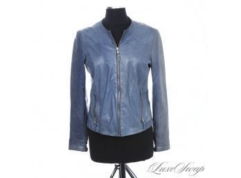 THIS AND SOME JEANS HOOOOO! MODERN MASSIMO DUTTI MOTTLED BLUE JEAN FADED UNSTRUCTURED LEATHER JACKET WOMENS L