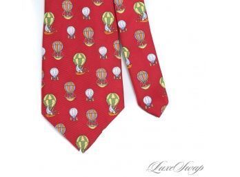 THE GOOD STUFF MADE IN ENGLAND! BURBERRY LONDON MENS RED FOULARD SILK TIE WITH WHIMSICAL HOT AIR BALLOON MOTIF