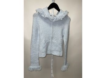ITS SO SOFT!! WOMENS BEBE MADE IN USA(!!) POWDER BLUE CHENILLE FRILLED FULL-ZIP HOODIE SIZE S