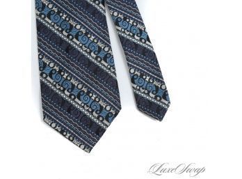 VINTAGE CHRISTIAN DIOR MENS 100 PERCENT SILK MULTI BLUE AND SILVER SWIRL WAVE STRIPE WOVEN THICK MENS TIE